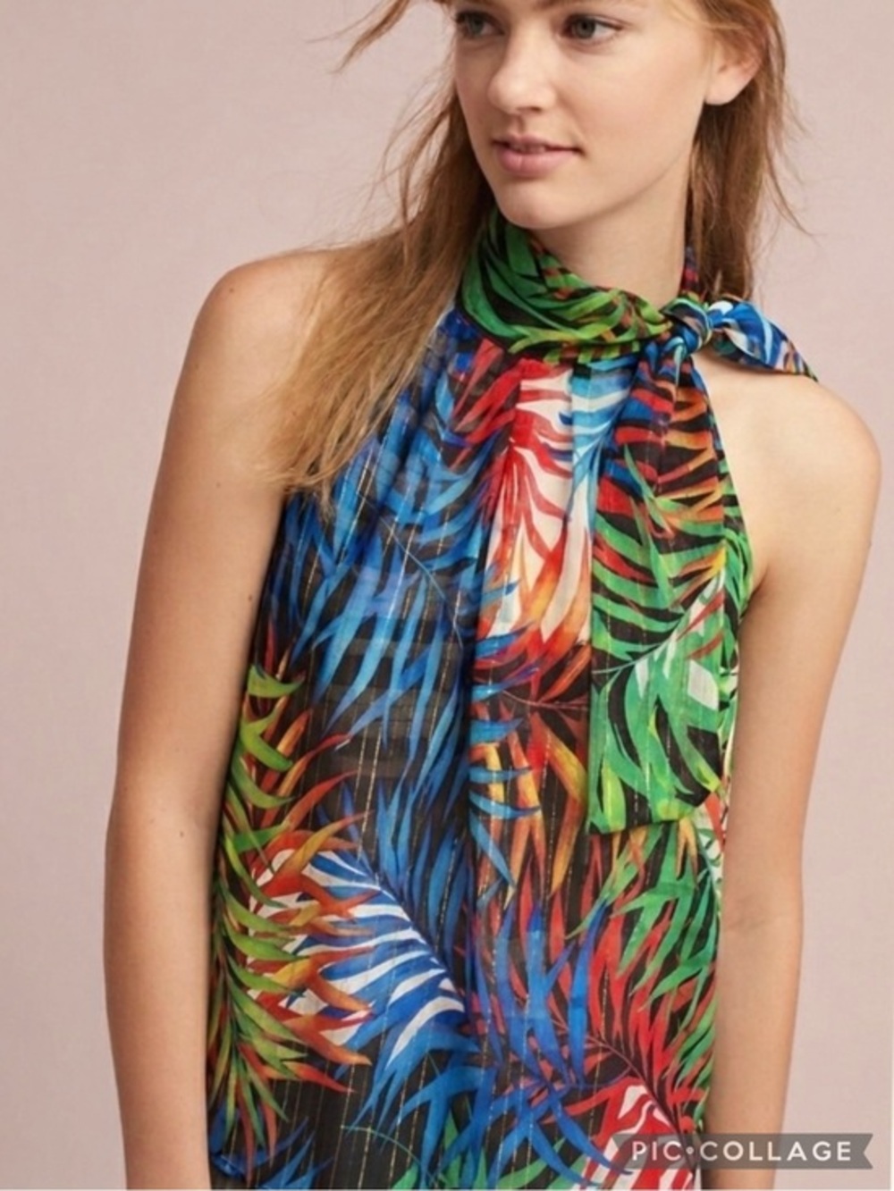 Westmoon Top Chiffon Multicolor Metallic High Neck Side Tie S Tropical